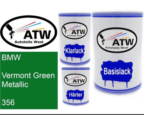 BMW, Vermont Green Metallic, 356: 500ml Lackdose + 500ml Klarlack + 250ml Härter - Set, von ATW Autoteile West.